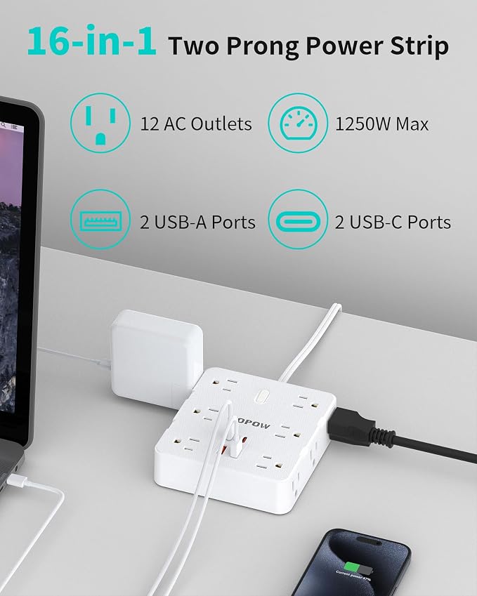 HOPOW 2 Prong Power Strip, 2 Prong to 3 Prong Outlet Adapter with 12 AC & 4 USB(2 USB-C), 1700J Two Prong Surge Protector, 5FT Extension Cord, Wall Mountable, Ideal for Old House Non-Grounded Outlets
