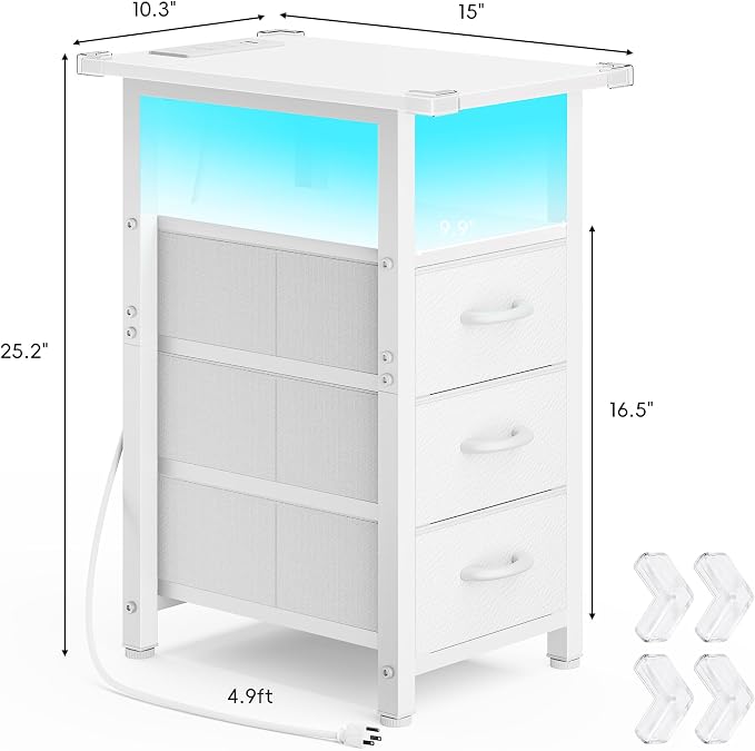 Vagusicc Set of 2 White Nightstand with Charging Station and LED Lights, Narrow End Table, LED Night Stand with 3 Fabric Drawers for Bedroom, Small Bedside Table, Narrow Side Table for Small Spaces