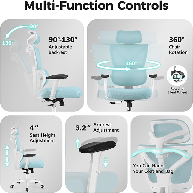 Ergonomic Office Chair High Back Desk Chair with Lumbar Support, Breathable Mesh Computer Chair with Adjustable Armrests Height, Reclining Swivel Big and Tall Gaming Chair for Home Office(Light Blue)