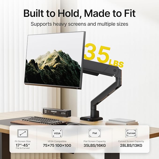 monTEK Single Monitor Arm with USB for Max 45 Inch Ultrawide Screens Adjustable Monitor Desk Mount Holds 35 Lbs Cable Management with C Clamp/Grommet Desk Mount, VESA 75/100mm