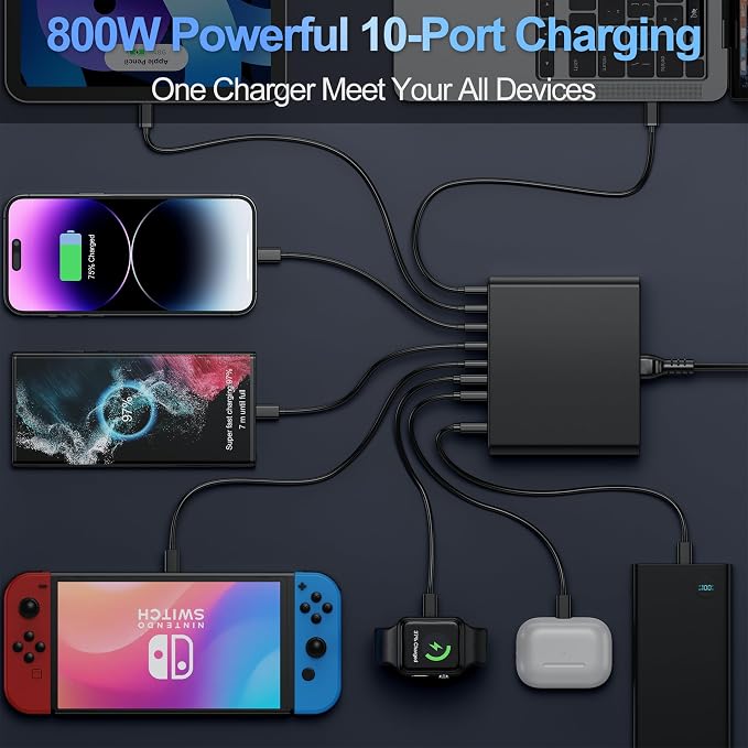 800W USB C Charger Block,10-Port Charging Station GaN Fast Charging Type C & USB A Wall Charger Adapter for MacBook Pro/Air,iPhone,iPad,Dell XPS,Samsung Galaxy (Bright Black)