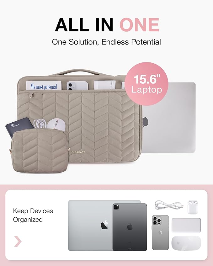 BAGSMART Laptop Case with Handle, Puffy Padded Laptop Bag Sleeve for Women, Portable MacBook Air/Pro Computer Case, 15-16 inch, Warm Gray