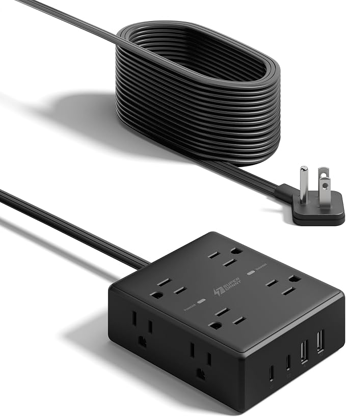 20Ft Long Extension Cord, Flat Plug Power Strip Surge Protector, 8 Outlet 4 USB Ports (2 USB C), Wall Mountable, Desk Charging Station for Home Office, College Dorm Room Essentials (Black)