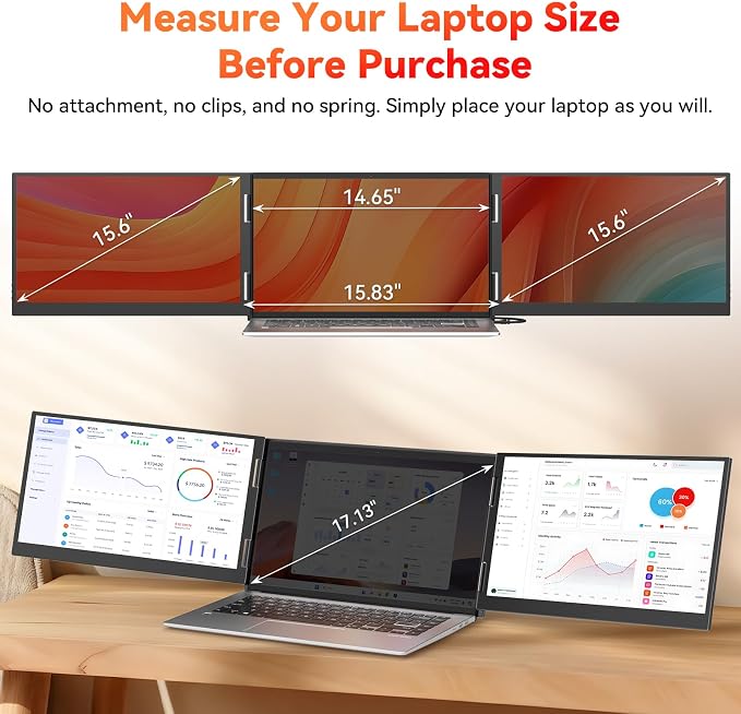 HotYeah Laptop Screen Extender (Windows Only), 15.6" 1080P Dual Extended Monitor, USB-C Travel Screen for 12-17" Laptop, Triple Portable Monitor w/Kickstand & 240° Rotation, One Cable Connection