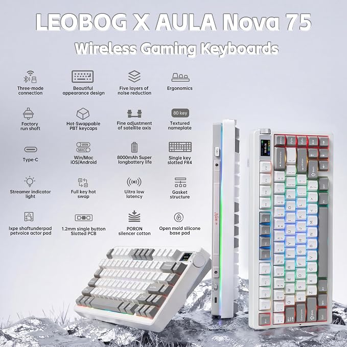 X Aula Nova75 Mechanical Wireless Creamy Keyboard with Screen 8000mAh,Gasket Mounted with 75% Compact Layout,RGB Backlit,Custom Hot Swappable,BT/2.4GHz/USB-C,Gaming Keyboards for Win/Mac/iOS/Android