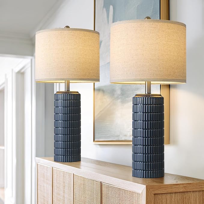 PoKat 27.5'' Tall Table Lamps for Living Room Set of 2, Ceramic Bedroom Lamps for Night Stands, Modern Bedside Lamps for Bedroom Living Room, Nightstand Lamps for Side End Table Hallway, Blue