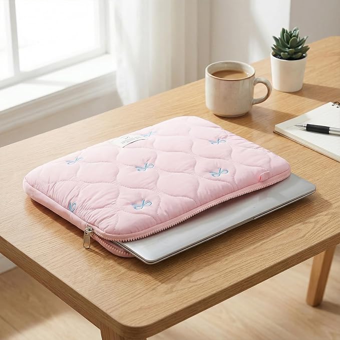 Cute Bow Laptop Case Coquette 13-15 Inch Puffy Laptop Sleeve Accessories Aesthetic Quilted Computer Bag for MacBook (Pink 1, 13-14inch)