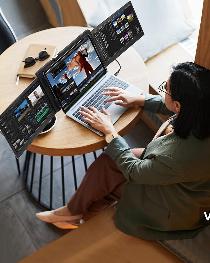 Alecewey Triple Portable Monitor for Laptop Screen Extender Dual Monitor Extender 12 Inch FHD 1080P IPS Display 2 Type-C P2S for 13-16.5 Inch Computer【Only Windows】