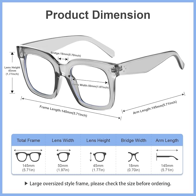 Ovresized Blue Light Blocking Glasses for Women Men Square Computer TV Eyeglasses