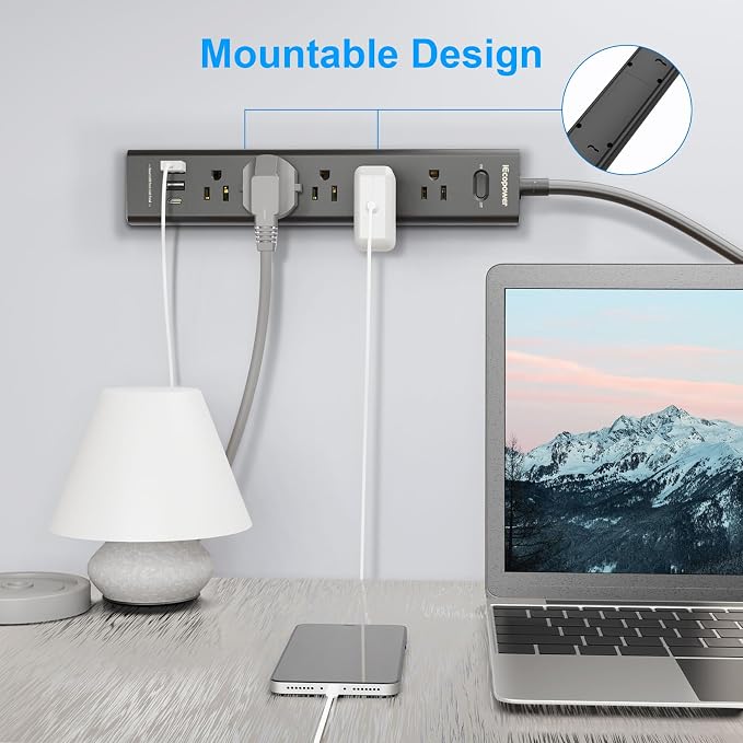 10FT Long Surge Protector Power Strip-with 5 Widely Outlets and 3 USB Ports(1 USB C Port),10 Foot Extension Cord(1250W/10A),Wall Mount for Home Office,700 J,Black(2 Pack)
