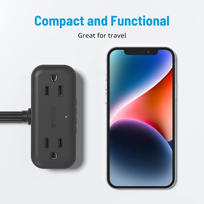 TROND Travel Power Strip with USB Ports, 5ft Flat Plug Extension Cord with Multiple Outlets, Small Wall Mount Extender Adapter for Office Dorm Room Essentials, Black