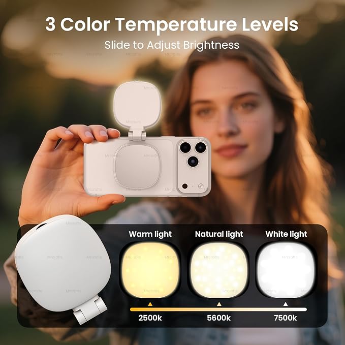 MrCrafts Magnetic Selfie Light for Mobile Phones with Mirror, 3 Modes Portable Light, Rechargeable Light with Magnetic Ring, Suitable for Photography/TikTok/Zoom Calls/Video Conferencing