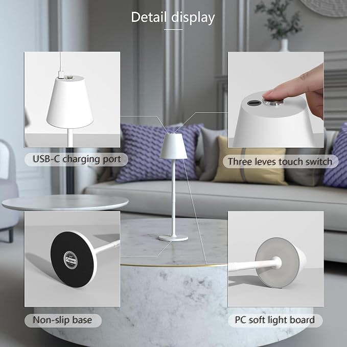 Timjorman 2-Pack Cordless Table Lamps - 5000mAh Rechargeable Battery Operated Desk Lamp, 3-Level Dimmable LED Night Light for Bedroom, Dining, Restaurant - Metal Design (White 2-Pack)