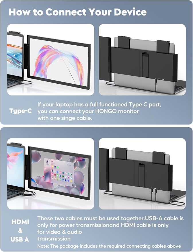 HONGO 14'' Laptop Screen Extender, FHD 1080P IPS Dual Display Portable Monitor for 14-16'' Laptops, USB-C/HDMI, Plug and Play for Windows, Mac, Android, Switch and PS5