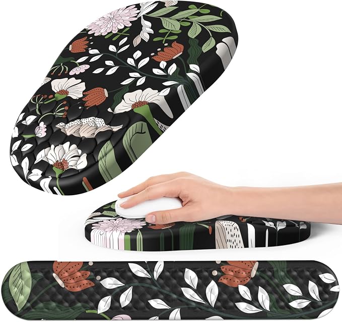 Ergonomic Mouse Pad and Keyboard Wrist Rest with Massage Design, Space-Saving Mouse Pad Wrist Support, Memory Foam Wrist Rest with Non-Slip PU Base for Computer Desk, Multiflora