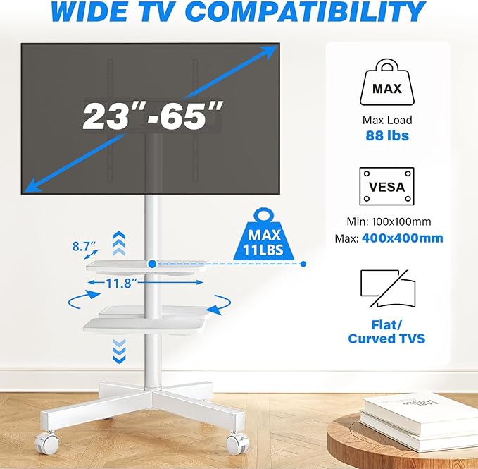 Rfiver Mobile TV Stand for 23-65 Inch LCD LED Flat/Curved Panel Screen TVs up to 88 lbs, Rolling TV Stand with Adjustable Shelf & Tilt, Portable Floor Stand on Wheels for Bedroom, Living Room, White