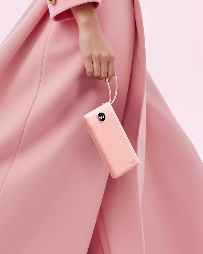 Portable Phone Charger, Slim 10000mAh Travel Essentials Power Bank with Cords Wires, Battery Pack 5 Outputs 2 Inputs LED Display Compatible with iPhone/Android & More (Pink)