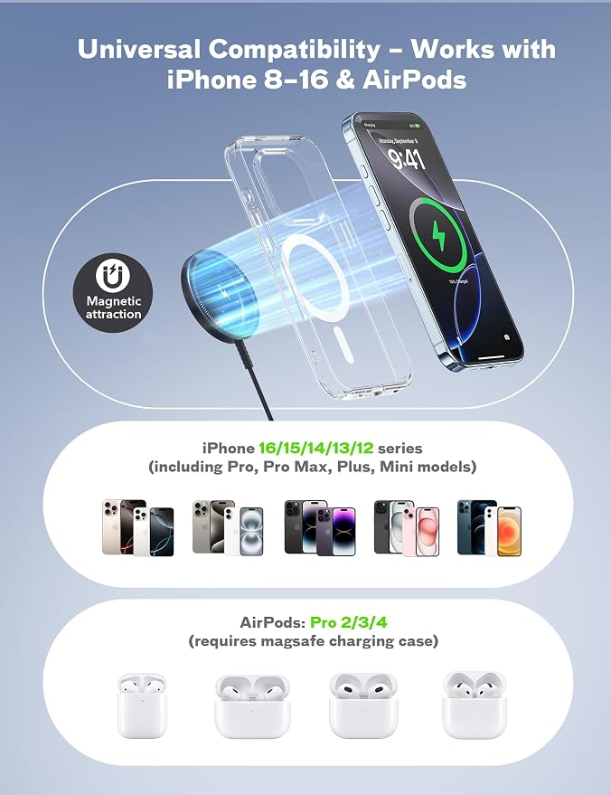 Bohuma Magnetic Wireless Charger – Compatible with iPhone 12-17 Series Airpods - Sleek Lightweight Design with Fast Charging – Ideal for Travel Work & Home – Black