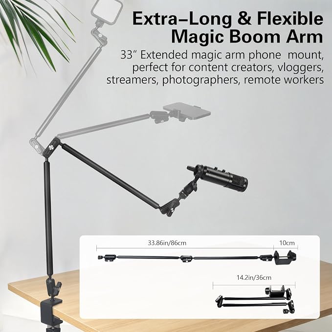 Desktop Clamp Magic Arm 33.84" Kit for Phone,DSRL Two-Stage Adjustable Flexible Arm, Overhead Camera Mount, Desk Phone Mount for Webcam, Action Camera, Mic,Video Light
