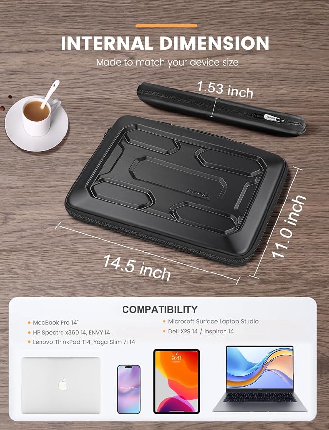DOMISO 14 inch Laptop Sleeve with Handle Shockproof Computer Bag Waterproof EVA Protective Carrying Case for 14" ThinkPad E480/Yoga 920/13.5" Microsoft Surface Book/HP Pavilion 14 Stream 14, Black