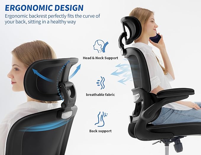 TRALT Ergonomic Office Chair - Desk Chair with Adjustable Headrest Lumbar Support Computer Chair - Mesh Comfy Chair with Flip-up Armrests - Gaming Chair for Adults Home Office PU, Black, Pack of 2