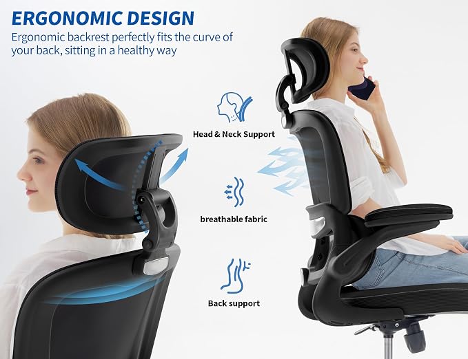 TRALT Ergonomic Office Chair - Desk Chair with Adjustable Headrest Lumbar Support Computer Chair - Mesh Comfy Chair with Flip-up Armrests - Gaming Chair for Adults Home Office PU, Black, Pack of 3