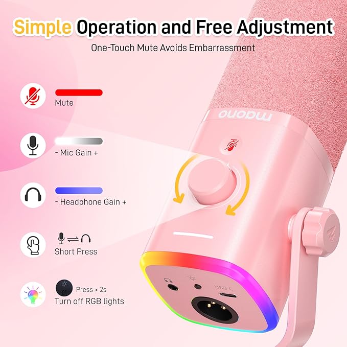 MAONO USB/XLR Podcasting Microphone for PC, Gaming Streaming Dynamic Mic with Mute Button, RGB, Desktop Stand,Computer Mic for Video Studio Recording-PD100X,Pink