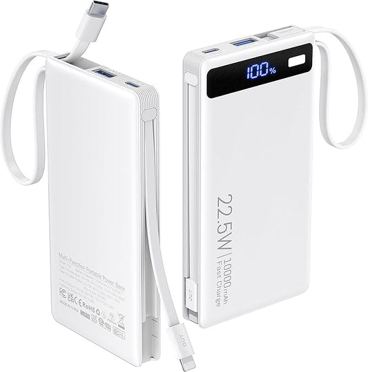 Power Bank with 2 Built-in Cables 10000mAh, 22.5W PD Slim Portable Charger USB C Battery Pack, Travel Essentials Fast Charging Powerbank Compatible with iPhone 17 16 Plus Pro Galaxy iPad White(1 Pack)