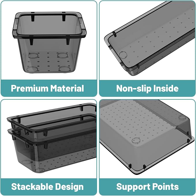 WOWBOX 16 PCS Clear Plastic Drawer Organizer Set, 4 Sizes Desk Drawer Organization and Storage Containers for Makeup, Cosmetics, Jewelry and Gadgets in Kitchen, Bathroom, Bedroom, Office, Clear Black
