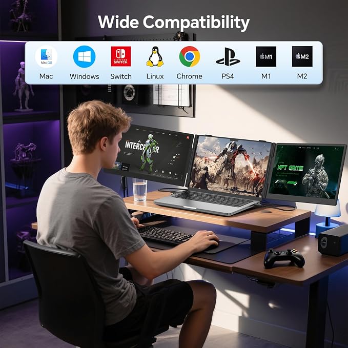 Laptop Screen Extender, 14" Ultra-Slim Triple Portable Monitor, 1080P FHD IPS Display, USB-C/HDMI Plug & Play, Monitor Extender for 13-17.3" Laptops, Mac/Windows/Chrome