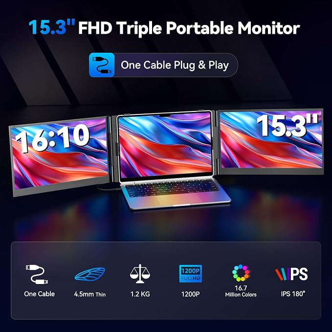 15.3" Laptop Screen Extender Portable, One Cable Connection Double Laptop Monitor FHD 1080P IPS, Ultra Thin Dual Monitor for 13-17" Laptops, Plug&Play Compatiable with Win/Mac/Chrome/Android/Switch