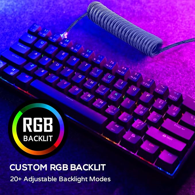 RK ROYAL KLUDGE RK61 60% Mechanical Gaming Keyboard with Coiled Cable, 2.4Ghz/Bluetooth/Wired, Wireless Bluetooth Mini Keyboard 61 Keys, RGB Hot-Swappable Red Switch, Ergonomic Design - Black