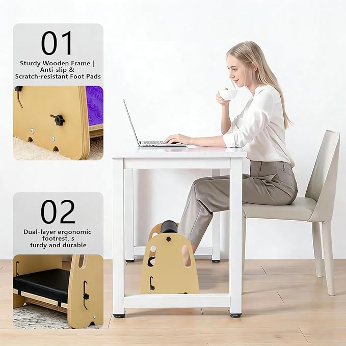Adjustable Wooden Under Desk Foot Rest｜15.75” Height｜Detachable｜Interchangeable Leather & Massage Pads｜for Office/Home/Gaming/Study Desk Essentials - Purple