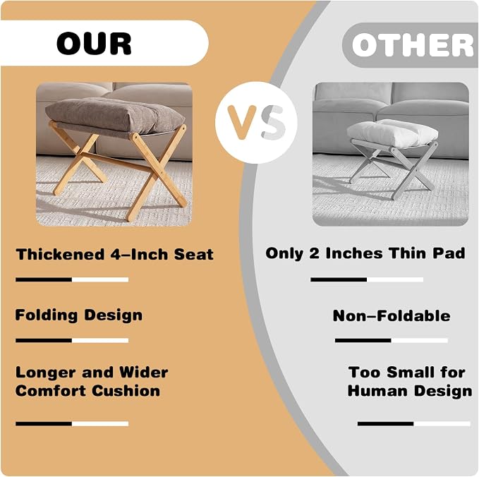 Baveke Folding Foot Stool, Small Accent Ottoman with Thick Cotton Cushion & Bamboo X Legs, Modern Padded Sofa Stool for Makeup Bedroom Living Room (Brown)