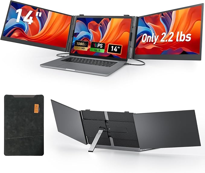 Vixtan 2.2lb Ultra-Light Laptop Screen Extender, 14" Triple Portable Monitor for Laptop, Ultra-Thin 1080P FHD Monitors for 13-17.3" Laptops, Triple Monitor Extended for Windows/Mac/Chrome
