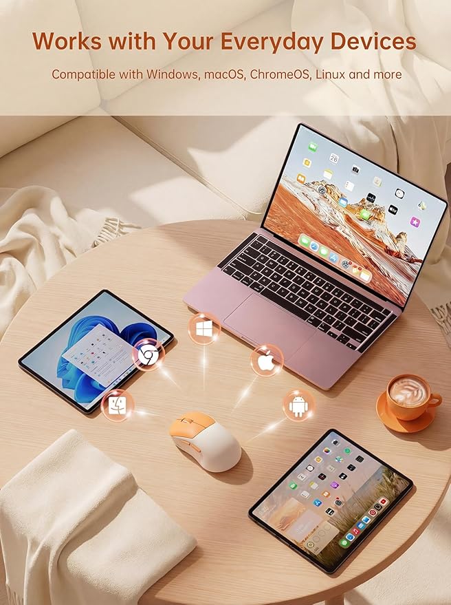 hunart H6 49g Wireless Mouse, Bluetooth & 2.4GHz Rechargeable Mouse, Lightweight Silent Ergonomic Mouse with USB-C Charging, Portable Right-Hand Office Mouse for Laptop, PC, MacBook, Office(Orange)