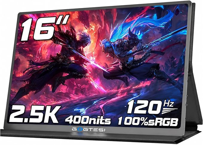16 Inch 120Hz Portable Gaming Monitor, 100% sRGB 2.5K QHD 400nits Portable Monitor with HDR, Ultra Slim, Eye Care, External Second Screen for Laptop/PC/PS5/Mac/Xbox