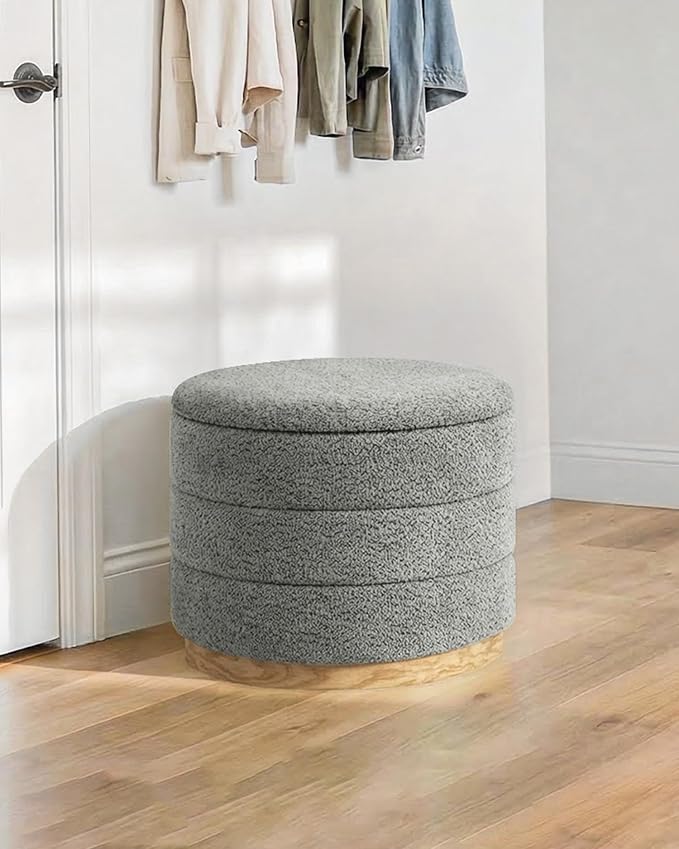 B FSOBEIIALEO Round Storage Ottoman with Tray, Folding Ottoman with Storage Coffee Table Foot Rest for Dorm Room Living Room Chenille Fabric,Grey,22.83"x22.83"x17.35"