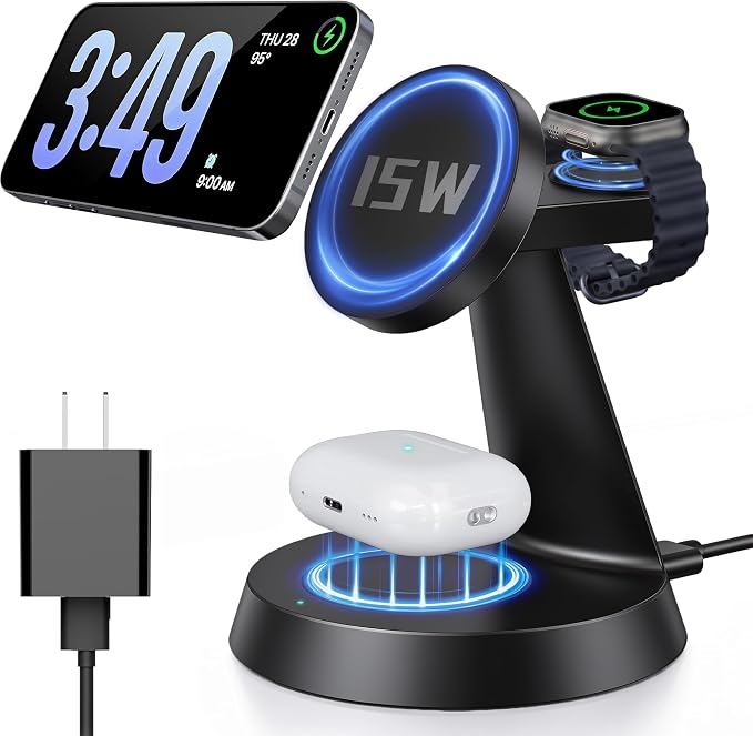 iPhone Charging Station 3 in 1 Wireless Charger for Apple Devices, 15W MagSafe Stand Compatible with iPhone 17 16 15 14 13 12 Pro Max Plus, Charging Dock for AirPods 4 3 2 & iWatch Series (Black)