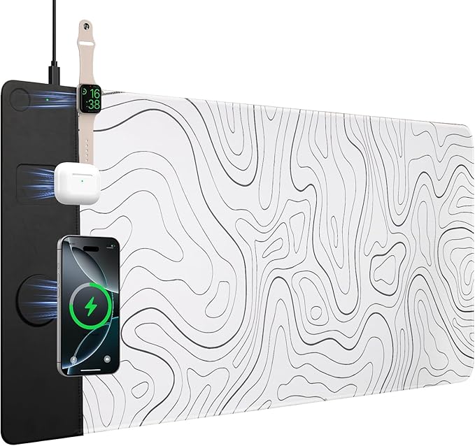 VOVIPO 3 in 1 Wireless Charging Mouse Pad, Desk Mat with Wireless Charger Multiple Devices Compitable with Watch/iPhone, White Topographic Large Desk Mat(90 x 40cm) for MacBook, PC, Laptop