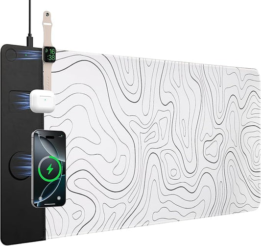 VOVIPO 3 in 1 Wireless Charging Mouse Pad, Desk Mat with Wireless Charger Multiple Devices Compitable with Watch/iPhone, White Topographic Large Desk Mat(90 x 40cm) for MacBook, PC, Laptop