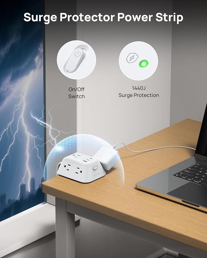 TROND Desk Clamp Power Strip with USB C PD 20W, Desktop Charging Station with 5 AC Outlets, 1440J Surge Protector, Fit 1.97in Tabletop Edge Thick, Extension Cord 6ft for Home Office Essentials, White