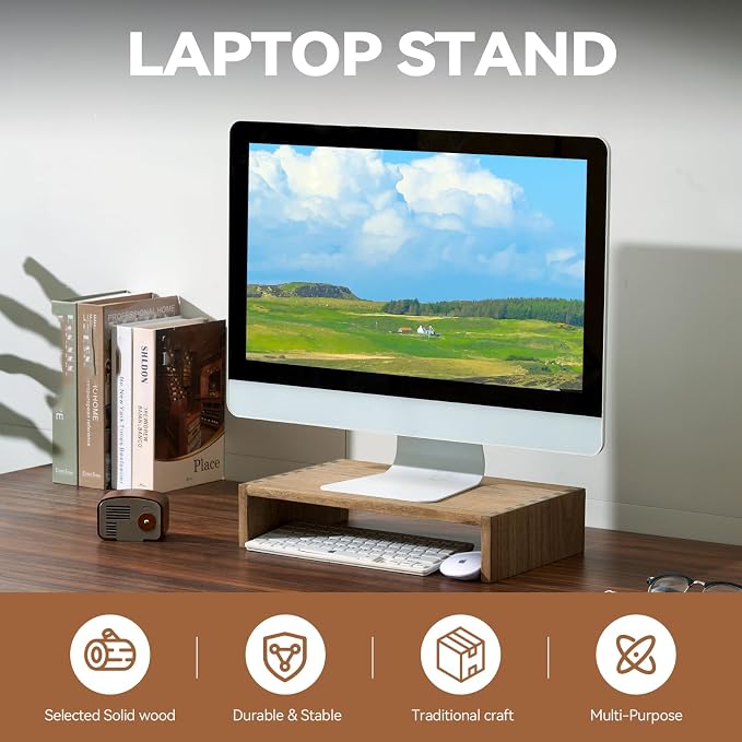 KIRIGEN Wooden Monitor Stand Riser, Solid Wood Desk Shelf for Computer, Laptop, Small TV or Printer, Fully Assembled Desktop Organizer with Storage Space for Home Office, PMJ39-DBR