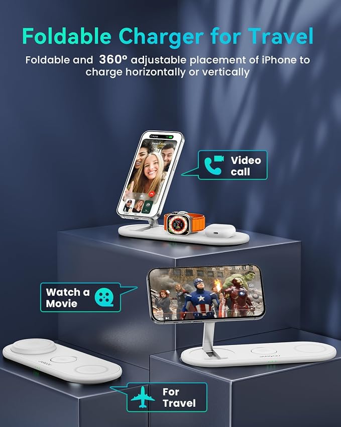 JARGOU Foldable Wireless Charger for iPhone with Magsafe Charger Stand, Fast Magnetic Phone and Watch Charger Station for iPhone 17 Air 16 15 14 13 12, for Apple Watch Charger, for AirPods (White)