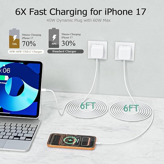 6FT Fast Charger for iPhone 17/16,2Pack 40W Dynamic Foldable Type C Power Adapter with 60W Max with 6FT Fast Charging Woven Cable for iPhone 17 Pro Max/17/Air/16/16 Pro/15Pro Max,iPad Pro/Air/Mini