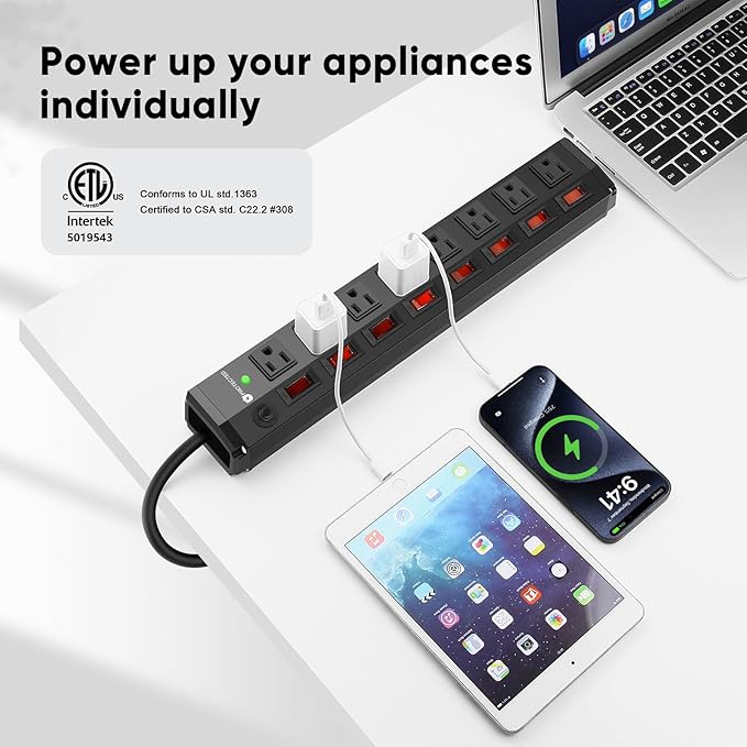 4PCS 8 Outlet Heavy Duty Power Strip with 8 Individual Switches,Moutable Metal Power Strip Surge Protector 1200 Joules,6FT 14AWG Extension Cord,15A 1800W 125V 60Hz