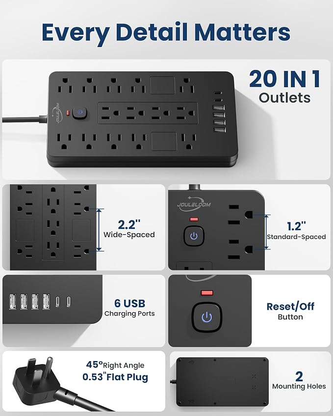 JouleLoom Surge Protector Power Strip-14 Outlets and 6 USB Ports, 6 Feet Flat Plug Extension Cord, 1850 Joules, Black, ETL Listed for Home, Office, Dorm Room