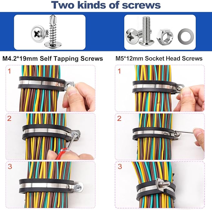 Taiss 222PCS Cable Clamps Assortment Kit 304 Stainless Steel Rubber Cushion Pipe Clamps 10 Sizes 1/4" 5/16" 3/8" 1/2" 5/8" 3/4" 1" 1-1/4" 1-1/2" 1-3/4" Metal Wire Clamps (with Two Kinds of Screws)
