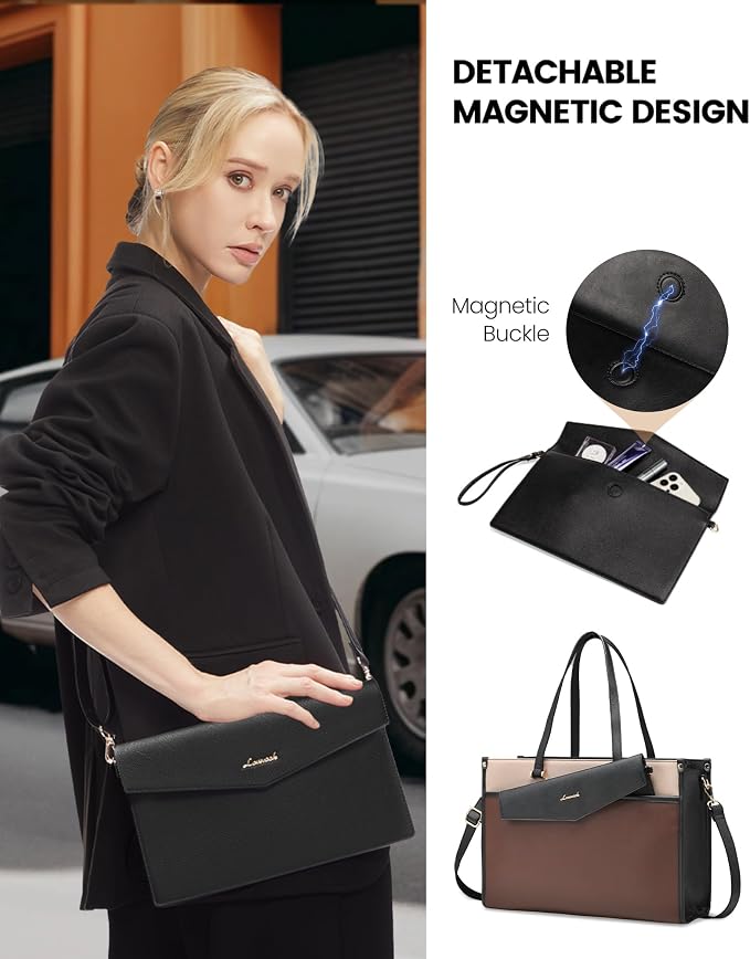 LOVEVOOK Laptop Bag for Women, 15.6'' Laptop Tote Purse 2-in-1 Professional Work Bag Business Briefcase with Clutch Purse, Waterproof Leather Computer Handbag for Teacher Office Travel