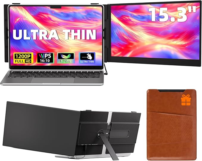Laptop Screen Extender, 15.3" 16:10 IPS 100% sRGB Portable Travel Monitor for Laptop, FHD 1200P External Display Screen, Dual Screen Attachment Plug & Play for Mac Windows